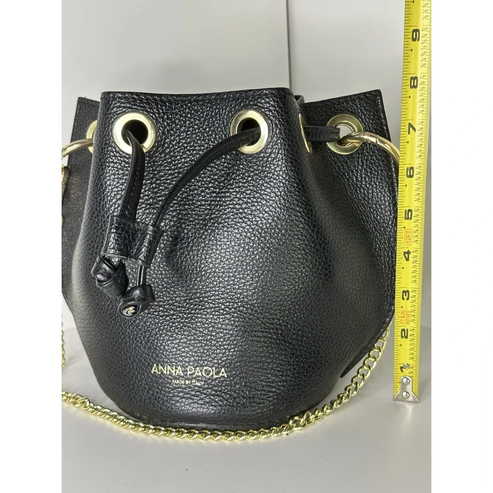 Anna Paola, Bucket Bag Black Pebbled Leather Drawstring Gold Chain Made In Italy